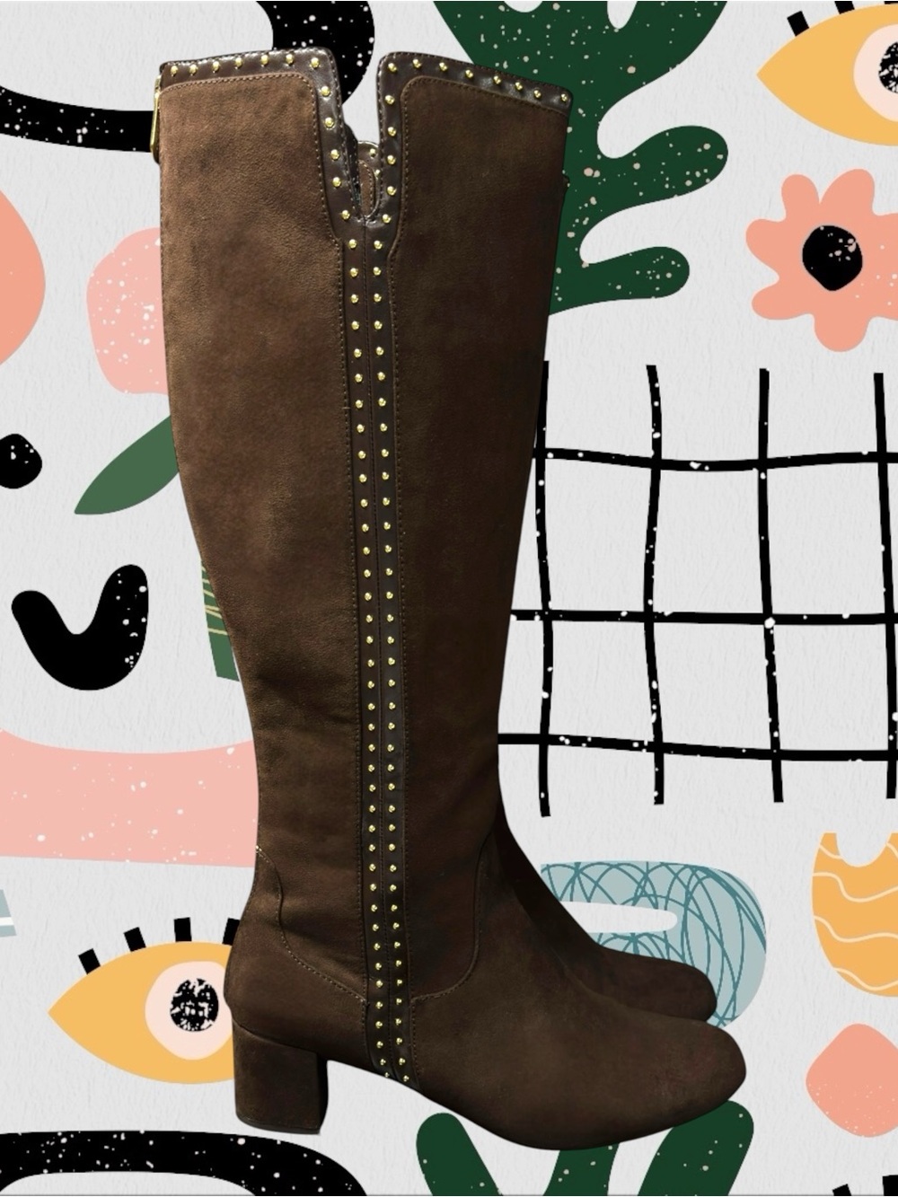 Adrienne Vittadini | Larosa Brown Faux Suede Studded Knee High Riding Boots